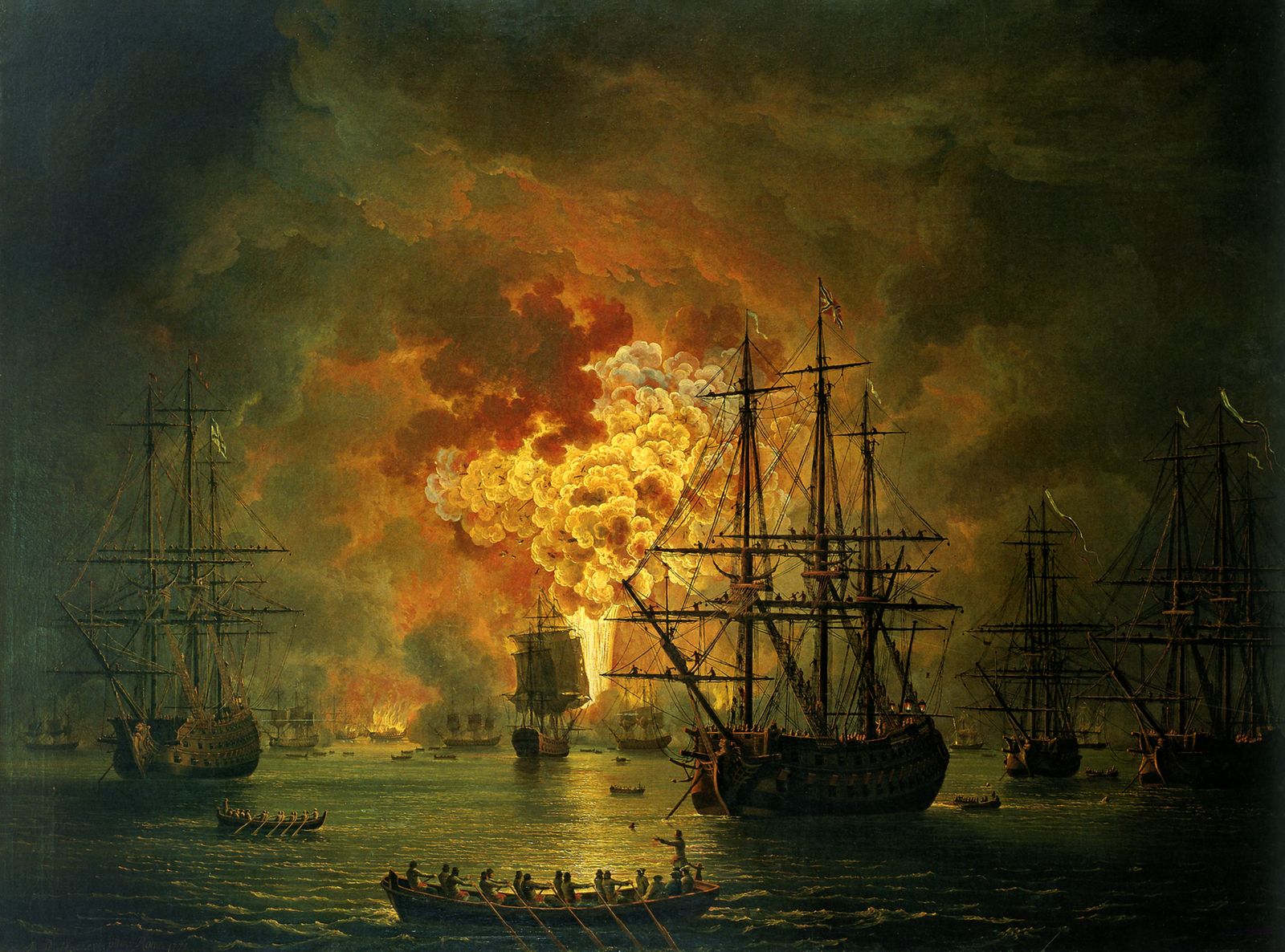 Якоб Филипп Хаккерт. Гибель турецкого флота в Чесменском бою, 1771 г. Из собрания Государственного эрмитажа Якоб Филипп Хаккерт. Гибель турецкого флота в Чесменском бою, 1771 г.