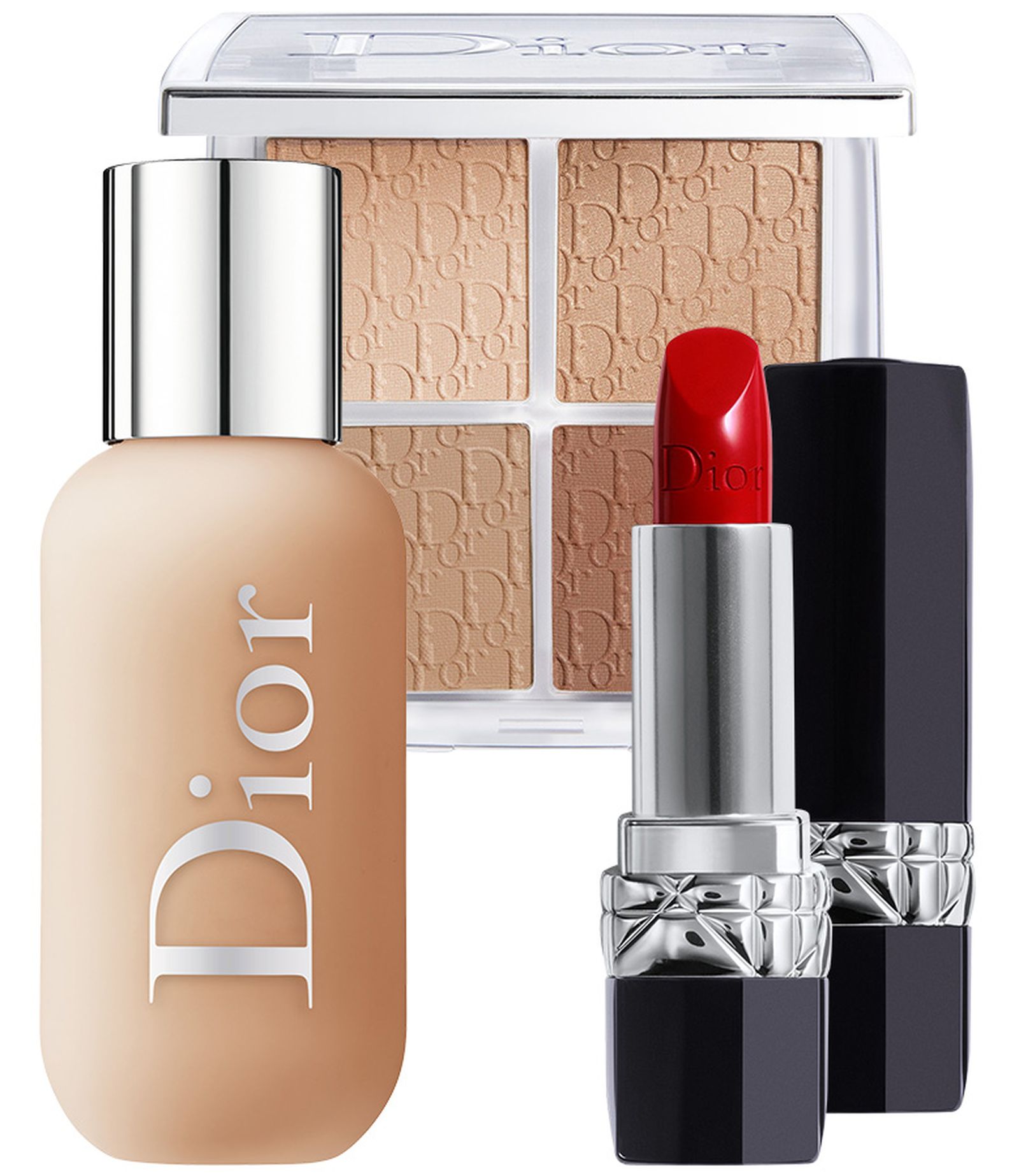 Dior, палетка для лица Dior Backstage Contour, оттенок 001; тональная основа для лица и тела Dior Backstage Face and Body Foundation; помада Rouge Dior, оттенок Rouge N°999 Dior Dior Backstage Contour, Dior Backstage Face and Body Foundation, помада Rouge Dior