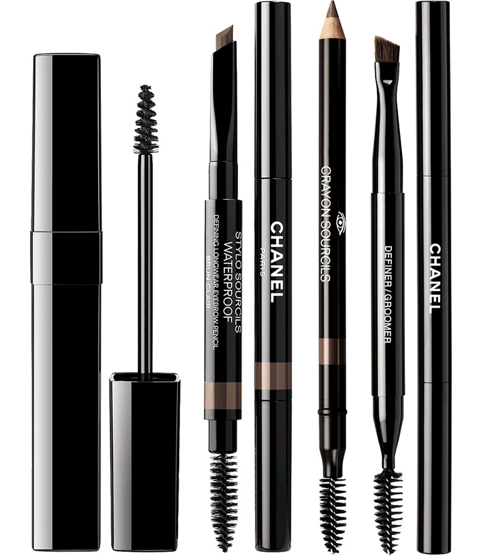 Chanel, стойкий гель для бровей Le Gel Sourcils; водостойкий карандаш для бровей Stylo Sourcils Waterproof; карандаш для бровей Crayon Sourcils; кисть для бровей Les Pinceaux De Chanel – Dual-Tip Brow Brush Chanel Le Gel Sourcils, Stylo Sourcils Waterproof, Crayon Sourcils, Les Pinceaux De Chanel – Dual-Tip Brow Brush