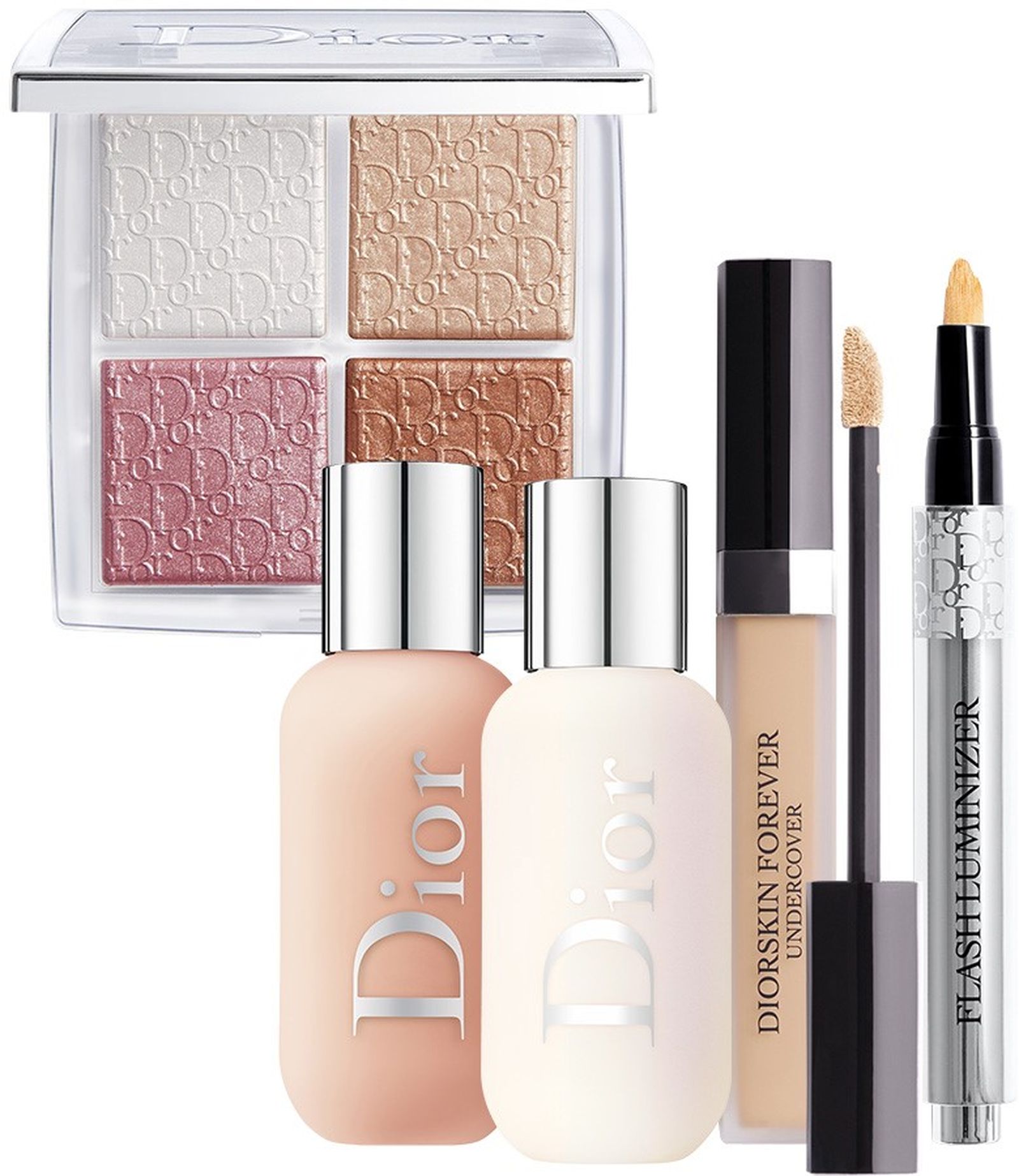 Dior, палетка для сияния лица Dior Backstage Glow Face Palette; тональная основа для лица и тела Dior Backstage Face and Body Foundation; праймер Dior Backstage Face and Body Primer; водостойкий консилер для лица Diorskin Forever Undercover; консилер для сияния Flash Luminizer Dior Backstage Glow Face Palette, Dior Backstage Face and Body Foundation, Dior Backstage Face and Body Primer, Diorskin Forever Undercover, Flash Luminizer