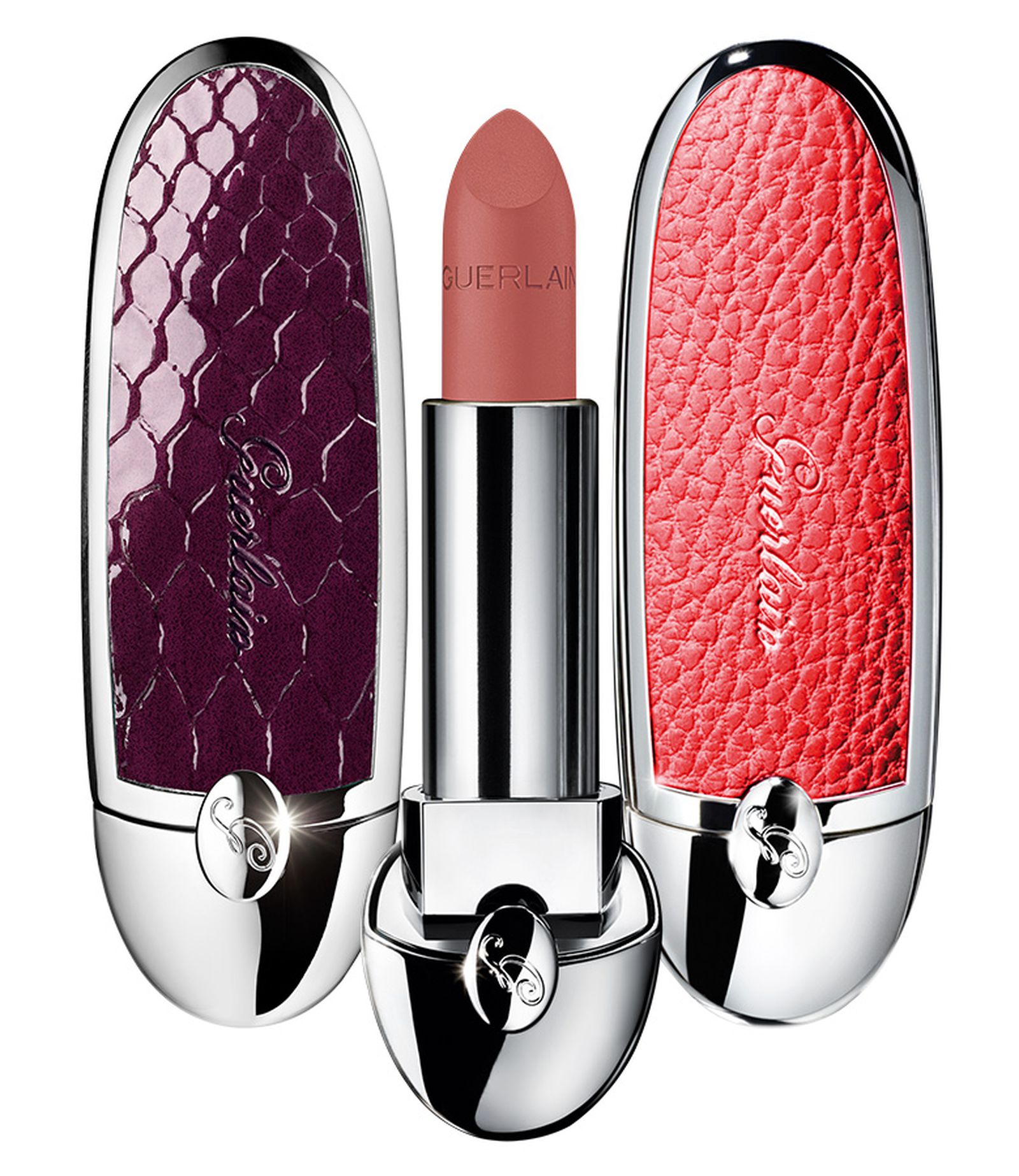 Guerlain, футляр в оттенке Hype Purple; помада Rouge G Matte 05; футляр в оттенке Imperial Rouge Guerlain, футляр в оттенке Hype Purple; помада Rouge G Matte N° 05; футляр в оттенке Imperial Rouge