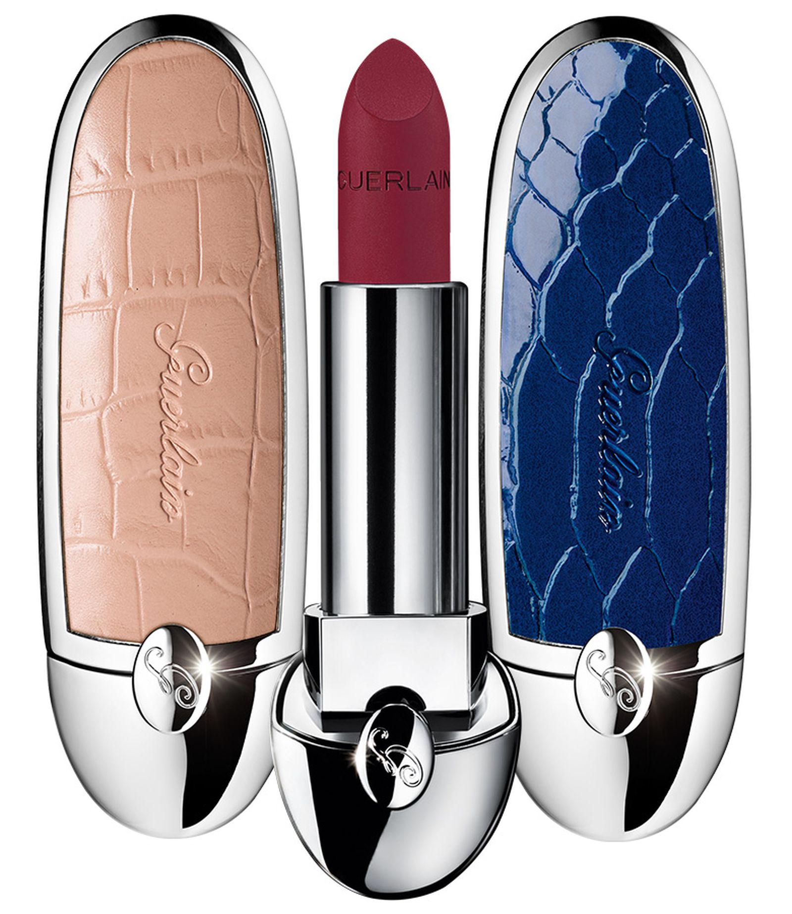 Guerlain, футляр в оттенке Rosy Nude; помада Rouge G Matte 75; футляр в оттенке Rock'n Navy Guerlain, футляр в оттенке Rosy Nude; помада Rouge G Matte N° 75; футляр в оттенке Rock'n Navy