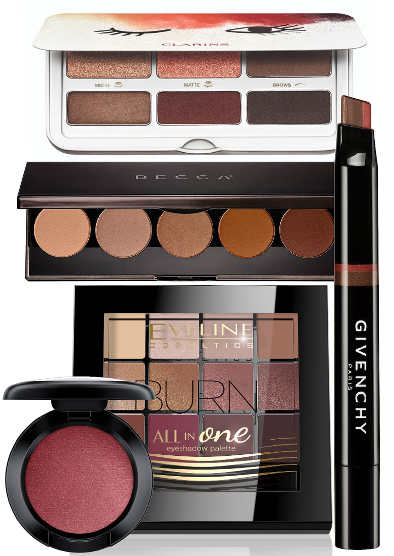 Clarins, палитра для макияжа глаз и бровей Ready In A Flash; Becca, палетка теней Ombre Rouge Palette; M•A•C, тени для век In Monochrome eye shadow, оттенок Dare To Diva; Eveline, палетка теней для век ALL IN ONE, оттенок Burn; Givenchy, тени-подводка для глаз Dual liner, оттенок 01 Clarins Ready In A Flash, Becca Ombre Rouge Palette, M•A•C In Monochrome eye shadow, Eveline ALL IN ONE, Givenchy Dual liner