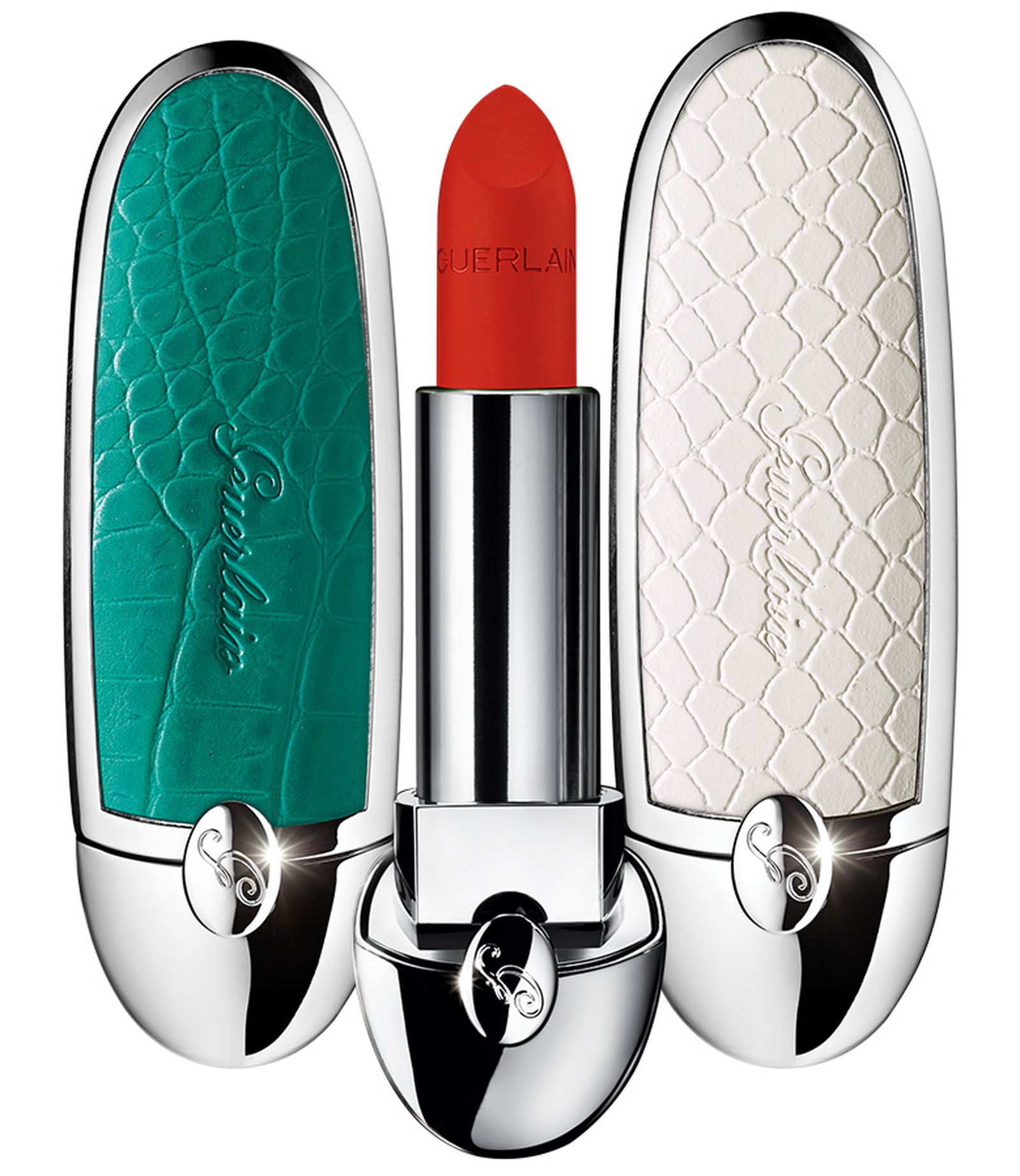 Guerlain, футляр в оттенке Urban Emerald; помада Rouge G Matte 44; футляр в оттенке Simply White Guerlain, футляр в оттенке Urban Emerald; помада Rouge G Matte N° 44; футляр в оттенке Simply White