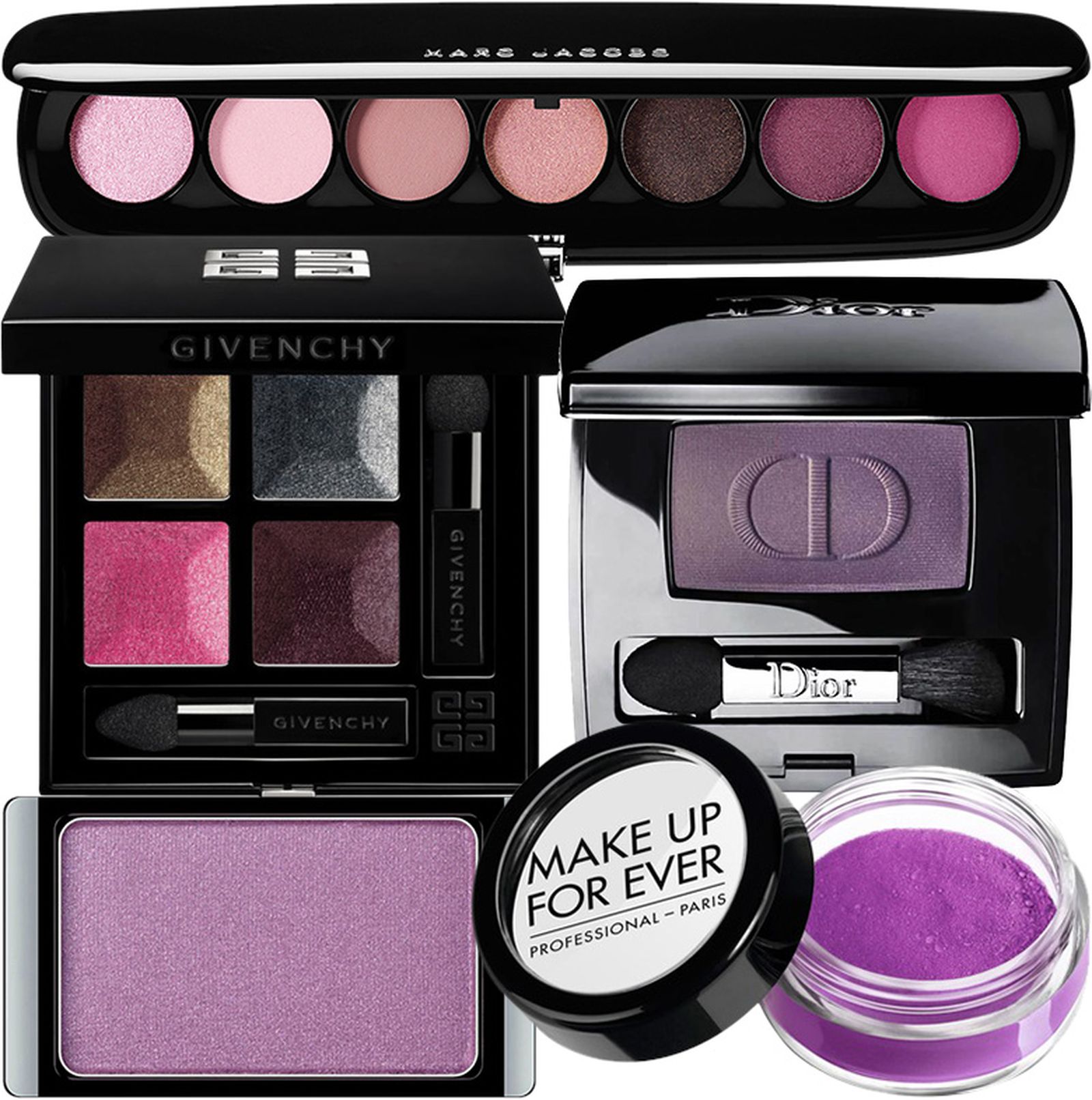 Marc Jacobs Beauty Eye-Conic, Givenchy Prisme Quatuor, Dior Diorshow Mono, Make Up For Ever Pure Pigments, оттенок 14 Marc Jacobs Beauty Eye-Conic, Givenchy Prisme Quatuor, Dior Diorshow Mono, Make Up For Ever Pure Pigments