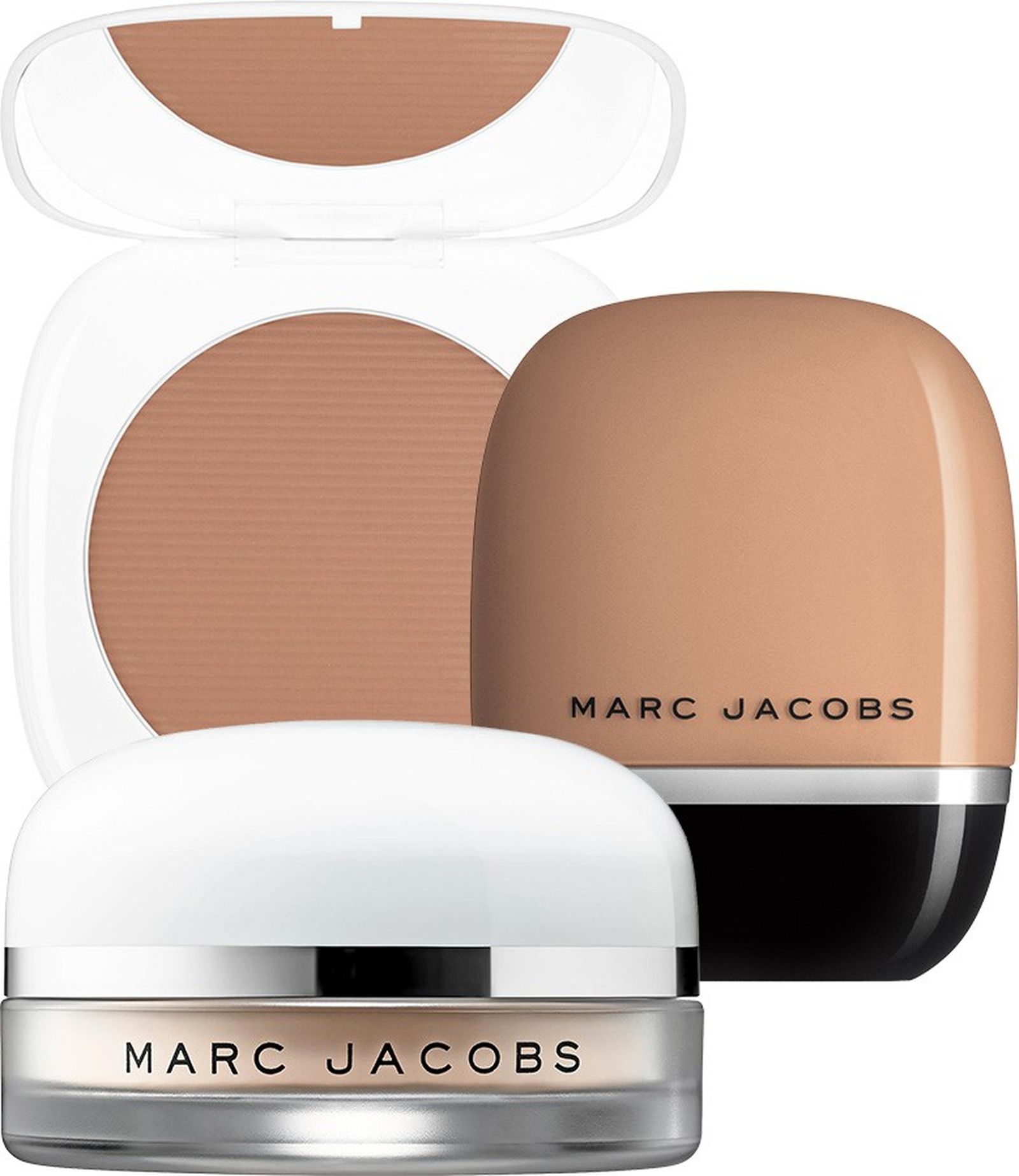 Marc Jacobs Beauty, бронзирующая пудра O!Mega Bronzer Coconut; тональная основа Shameless Foundation; фиксирующая пудра Finish Line Perfecting Coconut Setting Powder Marc Jacobs Beauty O!Mega Bronzer Coconut, Shameless Foundation, Finish Line Perfecting Coconut Setting Powder