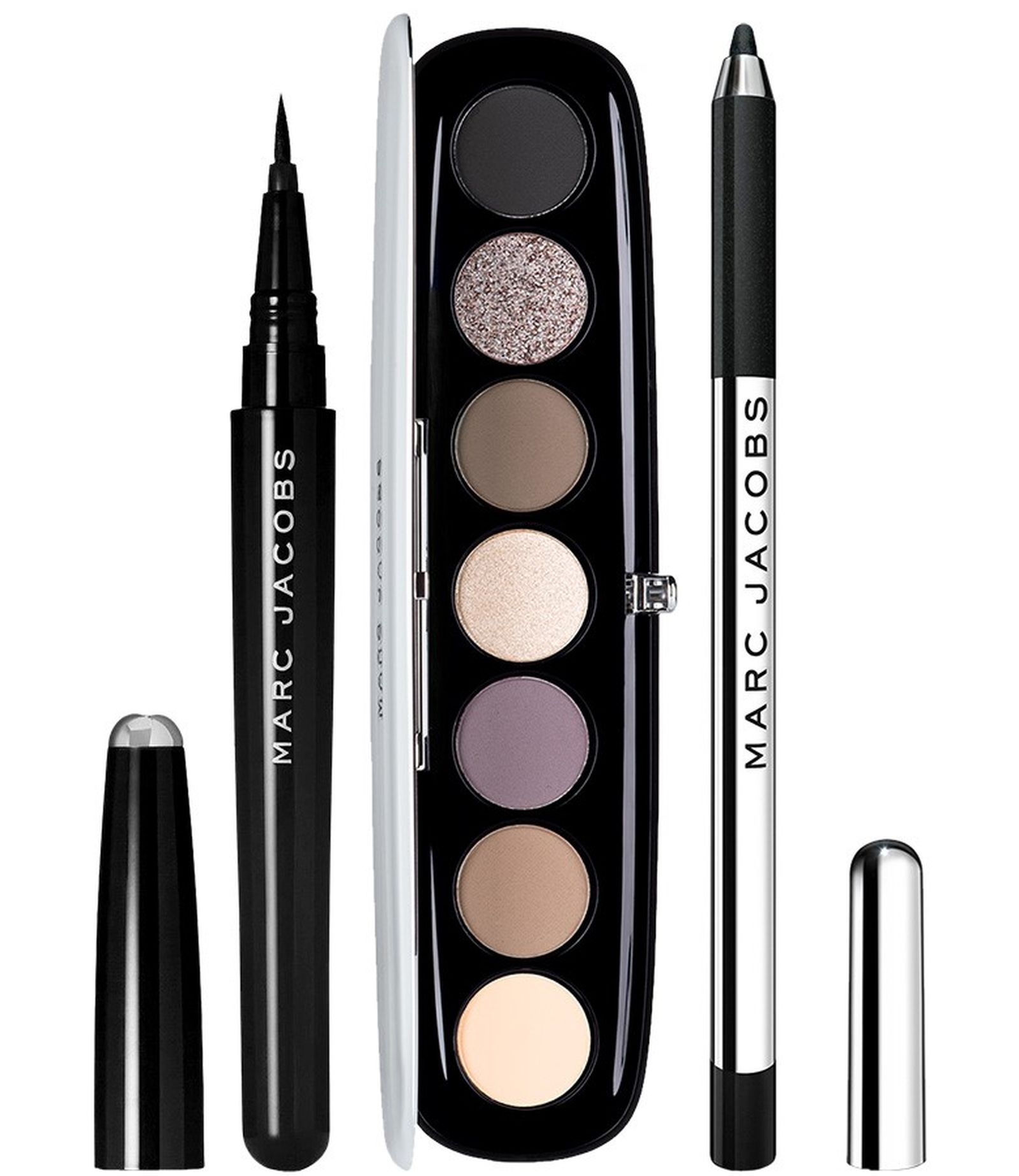 Marc Jacobs Beauty, водостойкая подводка для век Magic Marc’er, оттенок Blacquer; палетка теней Eye-Conic, оттенок Steel(etto); карандаш для век гелевый Highliner Gel Eye Crayon, оттенок Blacquer Marc Jacobs Beauty Magic Marc’er, Eye-Conic, Highliner Gel Eye Crayon