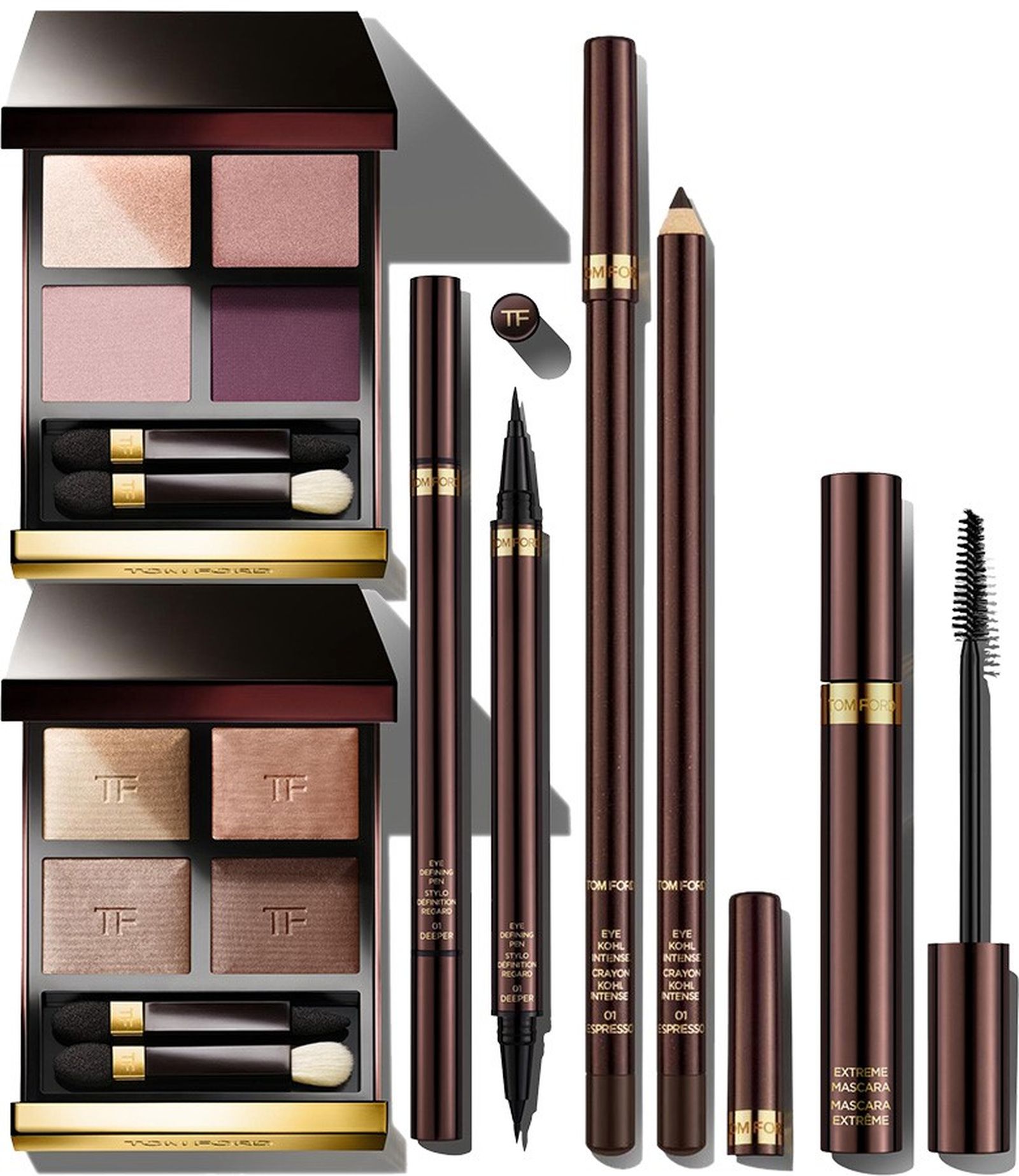 Tom Ford, тени для век Eye Color Quad, оттенки 13 Orchid Haze, 03 Nude Dip; жидкий лайнер для глаз Eye Defining Pen; карандаш-кайал для глаз Eye Kohl Intense, оттенок 01 Espresso; тушь для ресниц Extreme Mascara Tom Ford Eye Color Quad, Eye Defining Pen, Eye Kohl Intense, Extreme Mascara