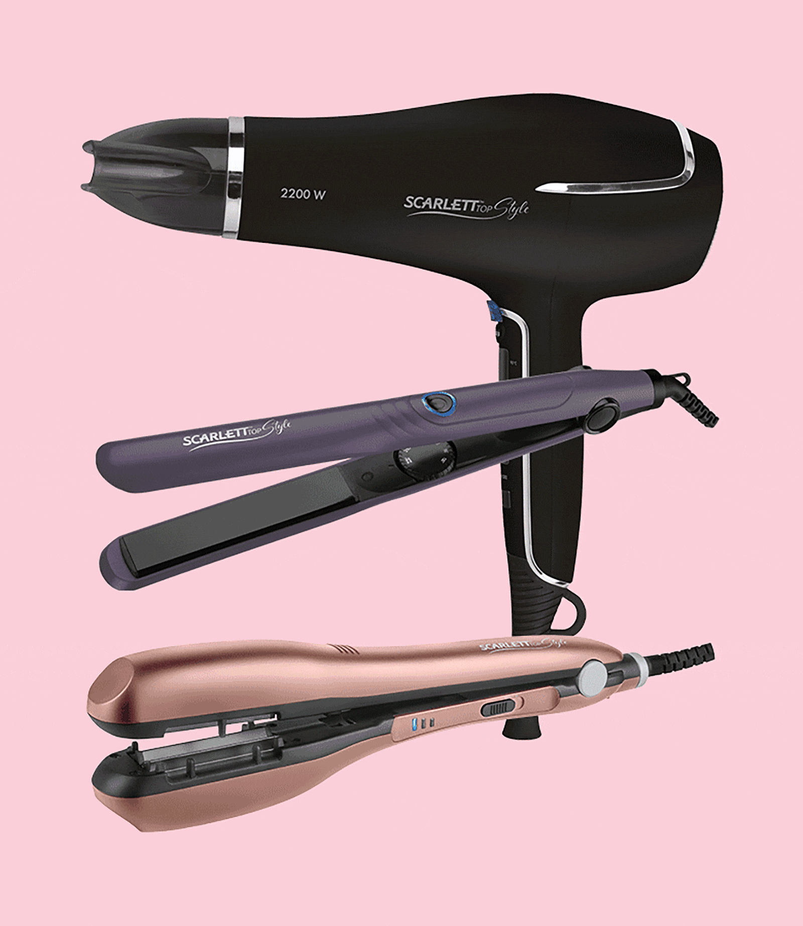 Scarlett TOP STYLE, фен SC-HD70I40; выпрямитель для волос SC-HS60T67; стайлер авто-гофре SC-HS60699; Taft, гель-воск для укладки волос с блеском; Syoss, термозащитный спрей для укладки Heat Protect Scarlett TOP STYLE, фен SC-HD70I40, выпрямитель для волос SC-HS60T67, стайлер авто-гофре SC-HS60699, Taft гель-воск, Syoss Heat Protect