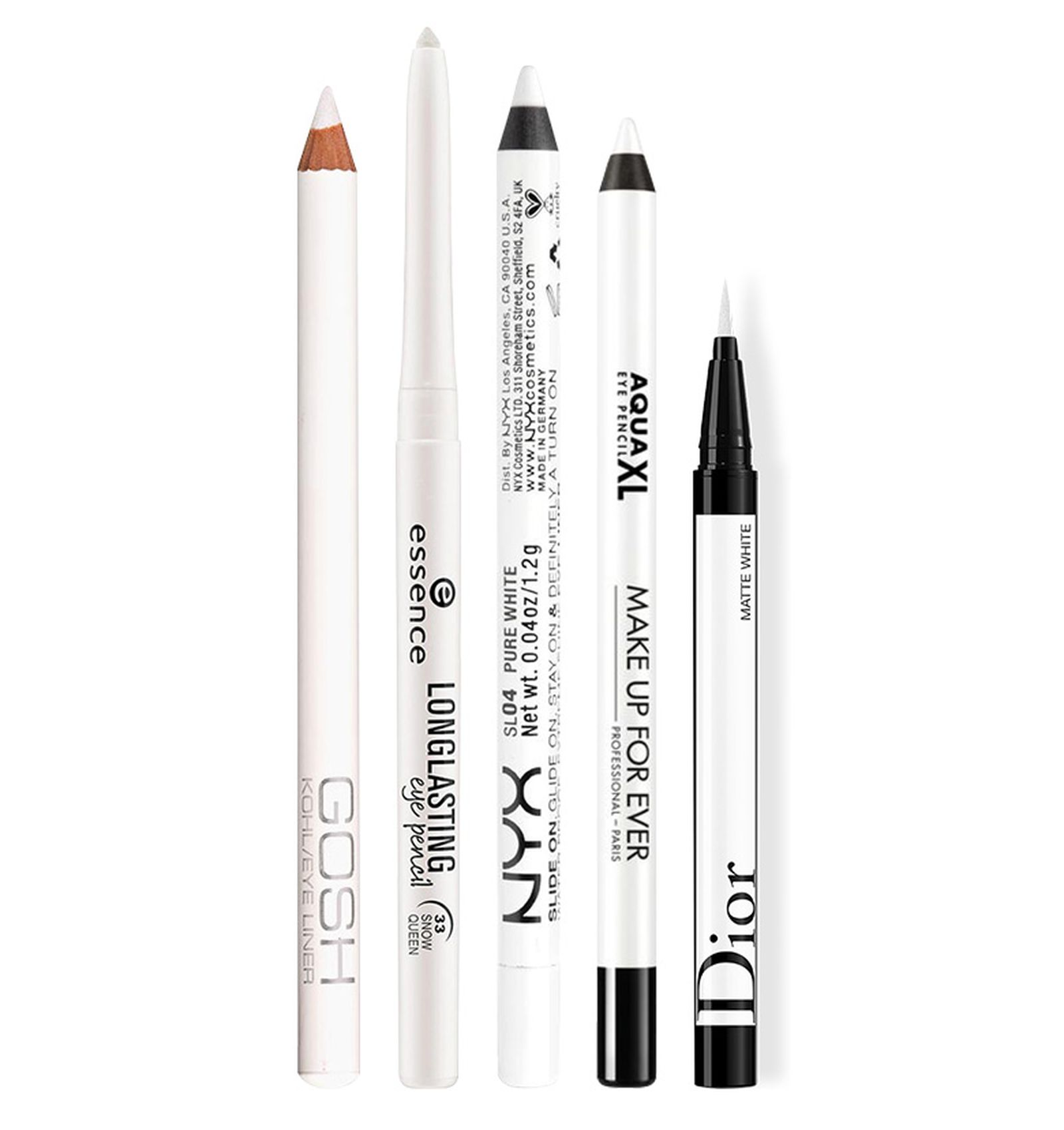 Gosh Eye pencil, Essence Eyeliner Pen Longlasting, NYX Slide on pencil, Make Up For Ever Aqua XL, Dior Diorshow On Stage Liner, оттенок 00 Gosh Eye pencil, Essence Eyeliner Pen Longlasting, NYX Slide on pencil, Make Up For Ever Aqua XL, Dior Diorshow On Stage Liner