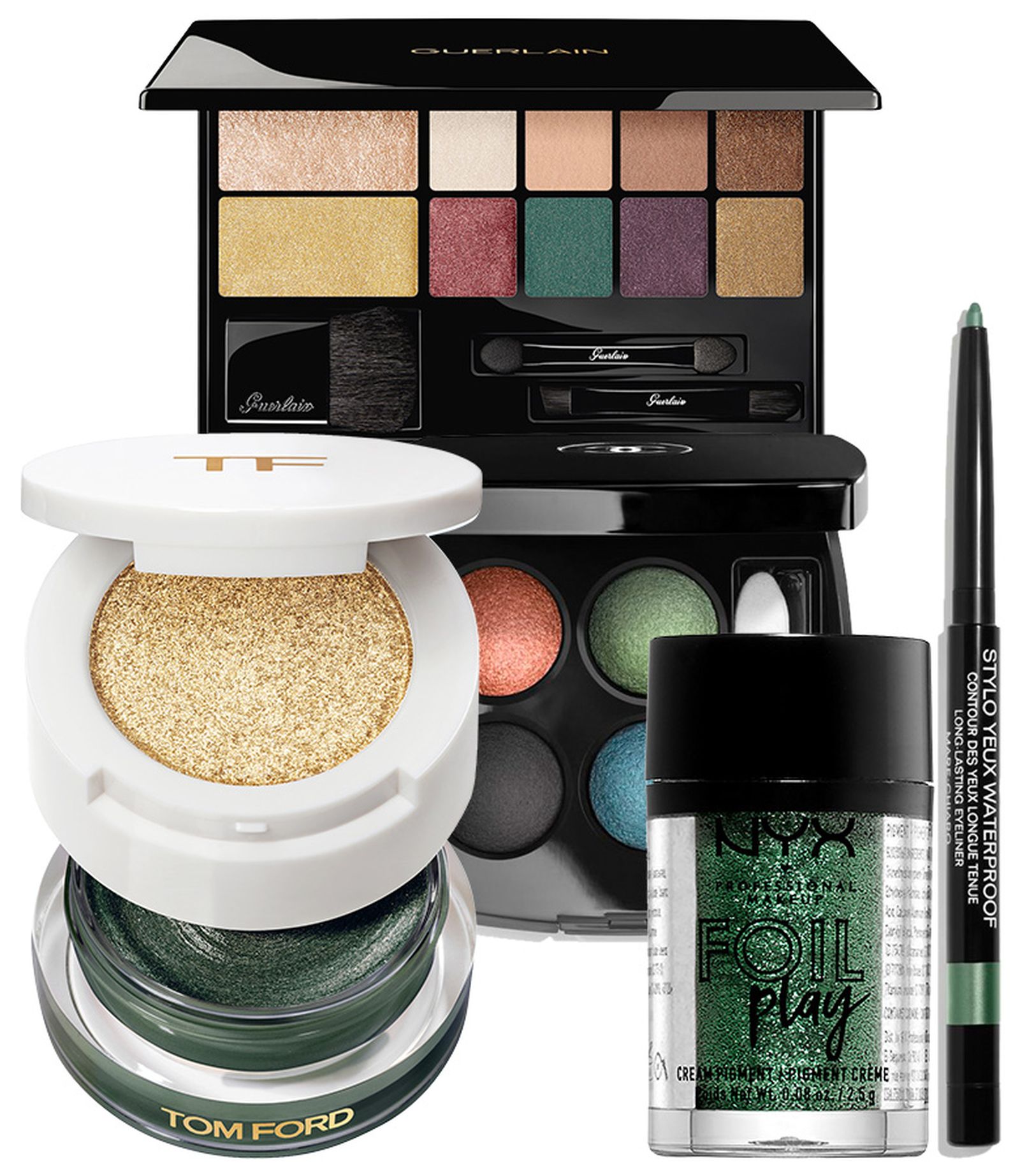 Guerlain Palette Electric Look, Tom Ford Cream And Powder Eye Color, Chanel Les 4 Ombres Multi-Effect Quadra Eyeshadow, NYX Professional Make Up Foil Play Cream Pigment, Chanel Stylo Yeux Waterproof Long-Lasting Eyeliner Палетки теней Guerlain, Tom Ford, Chanel, NYX Professional